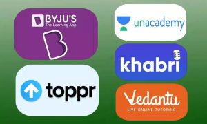 Logos of popular learning apps in India including BYJU’S, Unacademy, Toppr, Khabri, and Vedantu