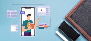 Student using a learning app on smartphone with digital books and study tools